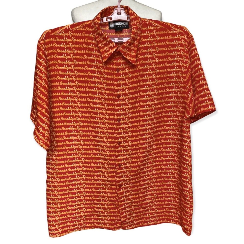 Brooklyn Xpress Red Orange All over Logo Spellout Print Hawaiian Shirt Size XL